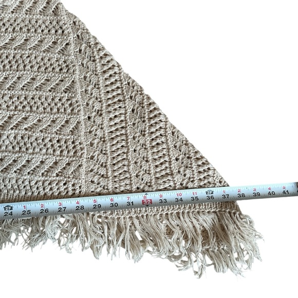 Boho Crochet Knit Fringe Cream Off Shoulder Poncho-Style Sweater | S/M - Picture 6 of 7